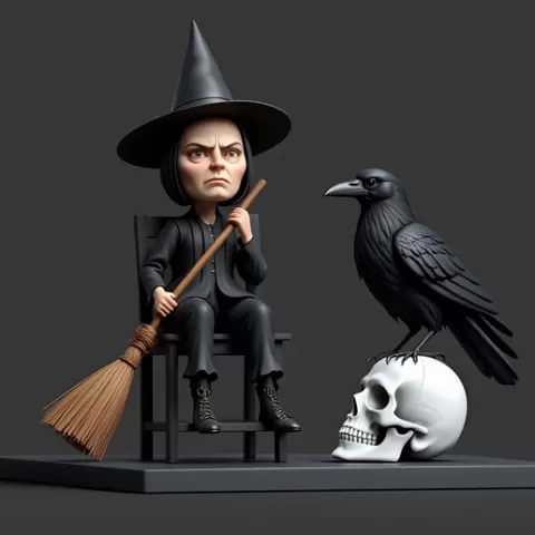 1535 Elegant Witch with Broom, Raven and Skull - Colorful Full-Body Figurine, magic, creature, fantasy, wood, gnome, gorgon, warrior, wild, fox, monster, cat, dog, fair, witch, werewolf, horror, beast, gothic, troll