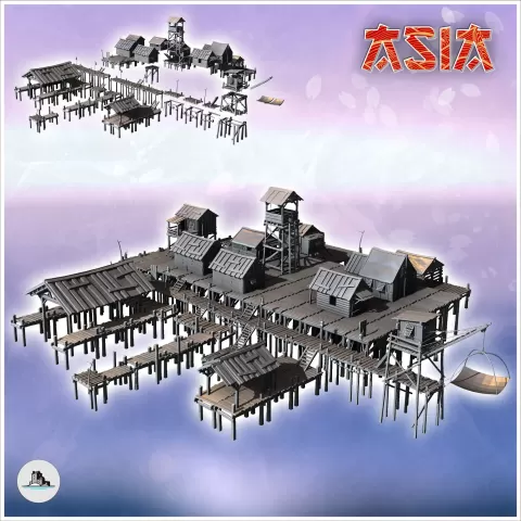 Large Asian riverside village set with wooden houses and tow - Hartolia Miniatures