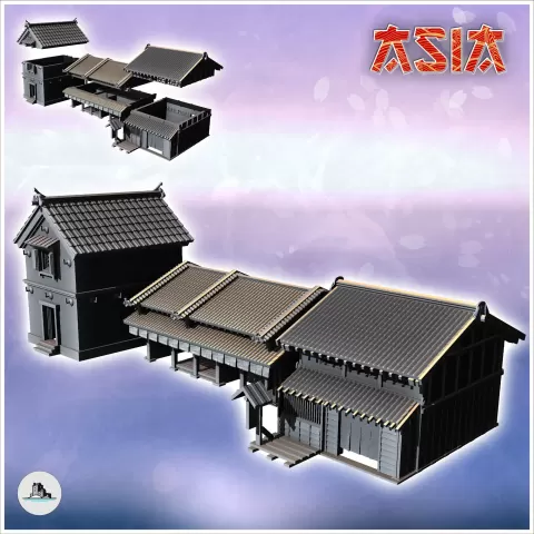 Set of three Asian buildings with curved roof and large hall - Hartolia Miniatures