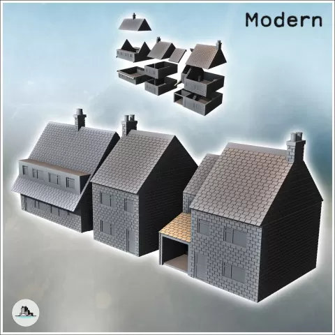 Set of three modern houses with garage and floors (12) - min - Hartolia Miniatures