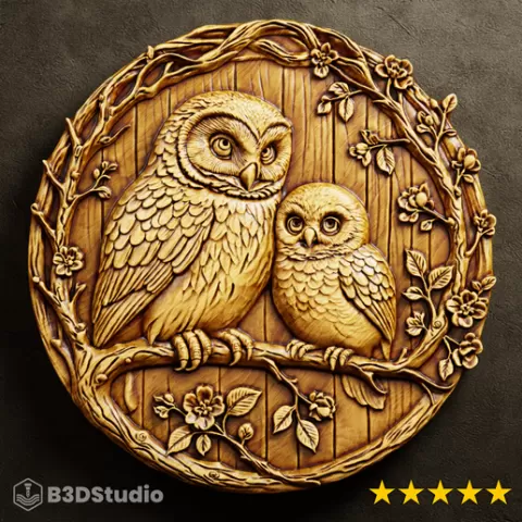 Owl Relief for CNC Laser and 3D Print STL File and 4K Grayscale TIF - High Detail 3D Model