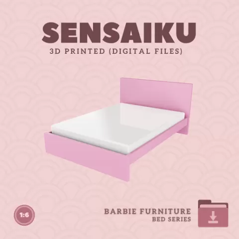 Miniature 28. Barbie Bed with Japanese Theme 07 - Queen Bed for Dollhouse - Sensaiku - 3D Print Instant Download