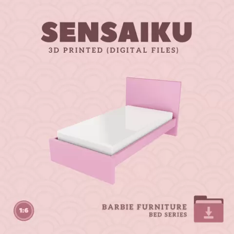Miniature 27. Barbie Bed with Japanese Theme 07 - Single Bed for Dollhouse - Sensaiku - 3D Print Instant Download