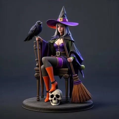 1325 Elegant Witch with Broom, Raven and Skull - Colorful Full-Body Figurine, magic, creature, fantasy, wood, gnome, gorgon, warrior, wild, fox, monster, cat, dog, fair, witch, werewolf, horror, beast, gothic, troll
