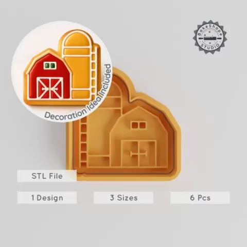 Barn Shape Cutter & Stamp, Perfect for Cookies & Fondant, 3 Sizes S/M/L, 6-Piece Farmhouse Set