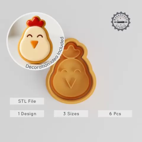 Chicken Shape Cutter & Stamp, Cookie & Fondant, S/M/L, 6-Piece Set, Farm Poultry Design, Barnyard Bird Theme