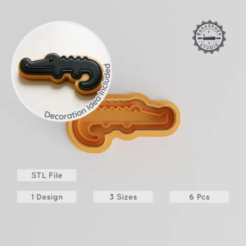 Black Caiman Cookie Cutter & Stamp Set, Jungle Reptile Design, 6-Piece Collection, Perfect for Cookies & Fondant, S/M/L Sizes
