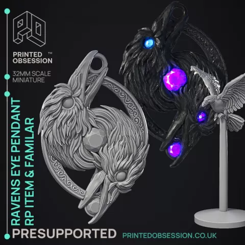 Ravens Eye Pendant - RP item & Familar - PRESUPPORTED - Illustrated and Stats - 32mm scale by Printed Obsession