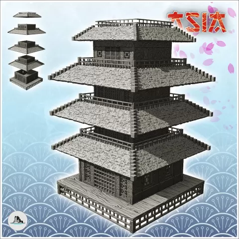 Large four-storey oriental pagoda with carved wooden platfor - Hartolia Miniatures
