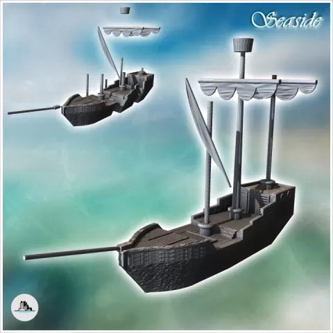 Medieval boat with folded sail and mast observation post (4) - Medieval Gothic Feudal Old Archaic Saga 28mm 15mm RPG by Hartolia Miniatures
