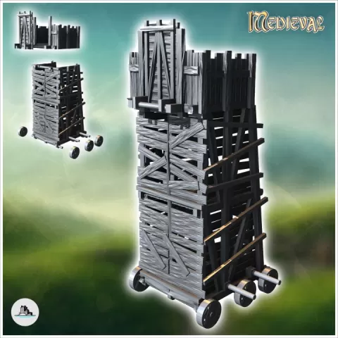 Six-wheeled wooden plank siege tower (3) - Medieval Gothic Feudal Old Archaic Saga 28mm 15mm RPG by Hartolia Miniatures