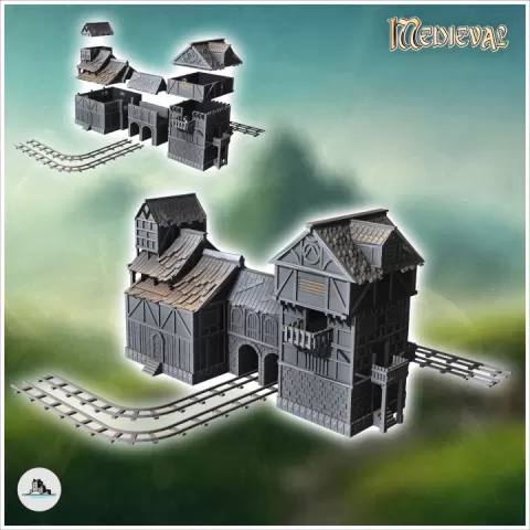 Medieval mine building with double central arch and rails for wagons (10) - Medieval Gothic Feudal Old Archaic Saga 28mm 15mm RPG by Hartolia Miniatures