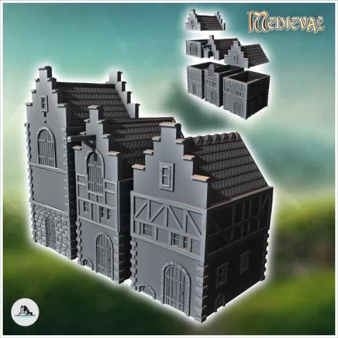 Set of three medieval half-timbered houses with tiled roofs (1) - Medieval Gothic Feudal Old Archaic Saga 28mm 15mm RPG by Hartolia Miniatures