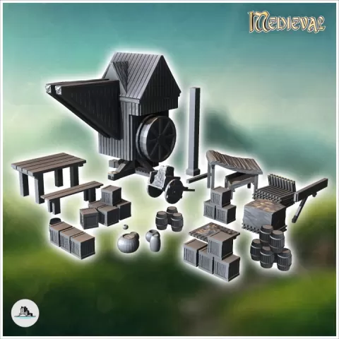 Medieval accessories with wooden crane and crates (3) - Medieval Gothic Feudal Old Archaic Saga 28mm 15mm RPG by Hartolia Miniatures