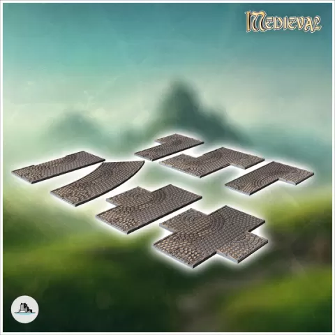 Set of stone paved roads with corners and crossroads (2) - Medieval Gothic Feudal Old Archaic Saga 28mm 15mm RPG by Hartolia Miniatures
