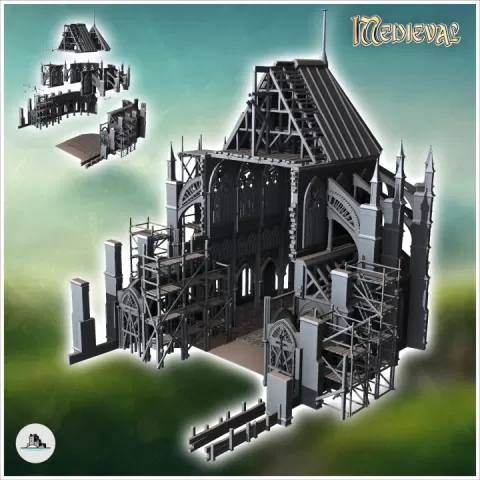 Medieval Gothic cathedral under construction with wooden scaffolding (18) - Medieval Gothic Feudal Old Archaic Saga 28mm 15mm RPG by Hartolia Miniatures