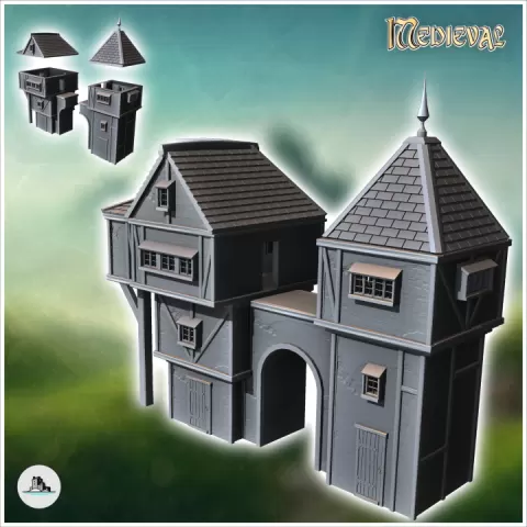 Medieval building with tower and central arch (15) - Medieval Gothic Feudal Old Archaic Saga 28mm 15mm RPG by Hartolia Miniatures