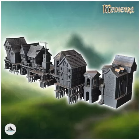 Medieval bridge set with houses, statues, cranes on stilts (12) - Medieval Gothic Feudal Old Archaic Saga 28mm 15mm RPG by Hartolia Miniatures