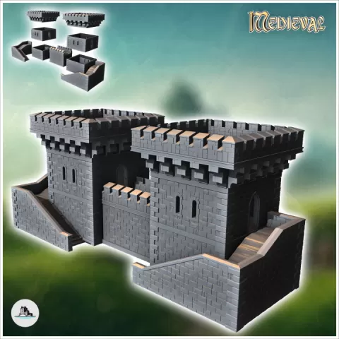 Stone fortress with double towers and access stairs (9) - Medieval Gothic Feudal Old Archaic Saga 28mm 15mm RPG by Hartolia Miniatures