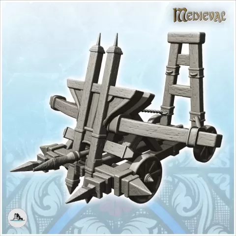 Two-wheeled wooden ballista siege engine with arrows (5) - Medieval Gothic Feudal Old Archaic Saga 28mm 15mm by Hartolia Miniatures