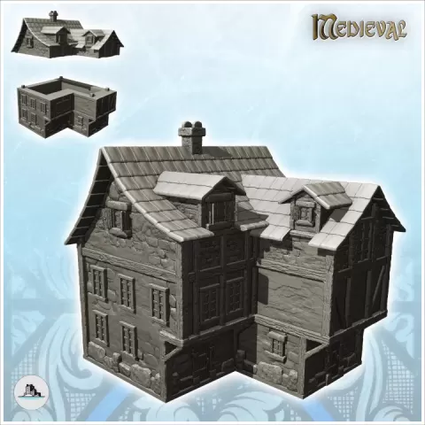 Large medieval house with offset storey and pitched roof with windows (14) - Medieval Gothic Feudal Old Archaic Saga 28mm 15mm by Hartolia Miniatures