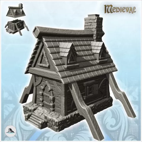 Medieval house with wooden buttresses and stone platform (10) - Medieval Gothic Feudal Old Archaic Saga 28mm 15mm by Hartolia Miniatures
