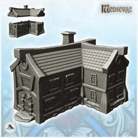 Medieval corner house with fireplace and round dormer (4) - Medieval Gothic Feudal Old Archaic Saga 28mm 15mm by Hartolia Miniatures