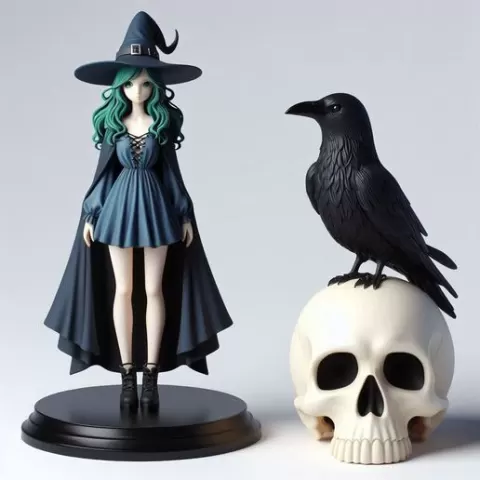750 Green-Haired Witch with Raven - Full-Color 3D Model, fantasy, sculpture, animal, statue, creature, magic, collectible, wood, sword, base, warrior, wild, lion, dragon, dnd, cat, monster hunter, monster