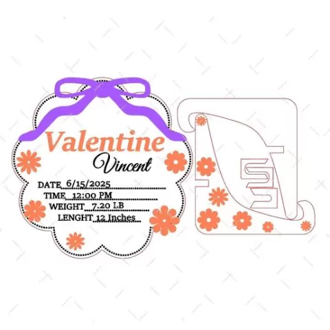 Personalized Baby Flower Birth Stats Sign SVG | Laser Cut Name Plaque with Stand & Bow | Nursery Wall Decor File - Commercial Use