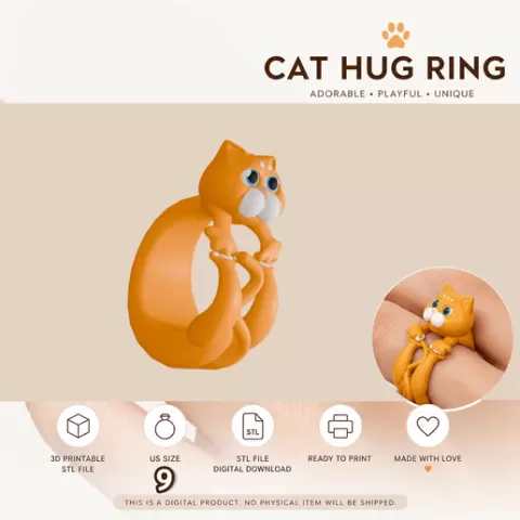 US Size 9,Cute Cat Hug Ring STL File , Kawaii Cat Ring 3D Print, Printable Jewelry Digital Download