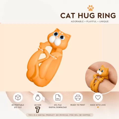 US Size 7,Cute Cat Hug Ring STL File , Kawaii Cat Ring 3D Print, Printable Jewelry Digital Download