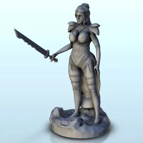 Woman in dress with sword and long hair (18) - Medieval Fantasy Magic Feudal Old Archaic Saga 28mm 15mm by Hartolia Miniatures