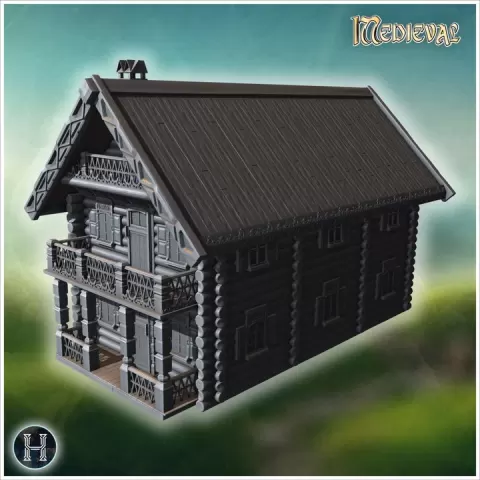 Large slavic log house with floor and terrace (17) - Medieval Gothic Feudal Old Archaic Saga 28mm 15mm by Hartolia Miniatures