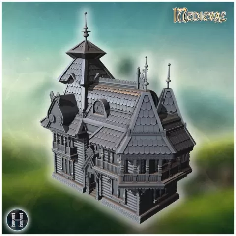 Large slavic manor with terrace and carved details (10) - Medieval Gothic Feudal Old Archaic Saga 28mm 15mm RPG by Hartolia Miniatures