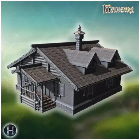 Slavic traditionnal house with canopy and engraved roof edges (2) - Medieval Gothic Feudal Old Archaic Saga 28mm 15mm by Hartolia Miniatures