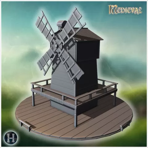 Wooden mill on rounded platform (7) - Medieval Gothic Feudal Old Archaic Saga 28mm 15mm by Hartolia Miniatures