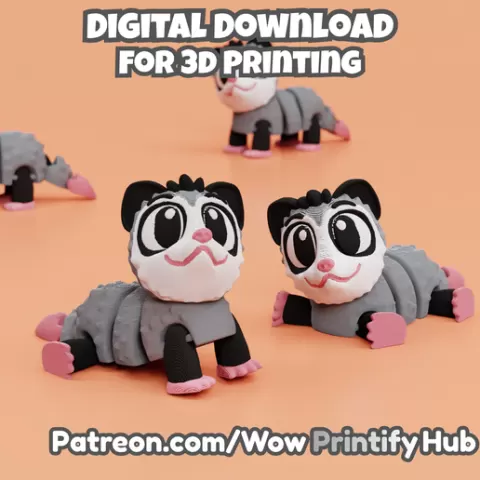 Articulated opossum STL & 3MF – Flexi Print in place animal (Fidget Toy)