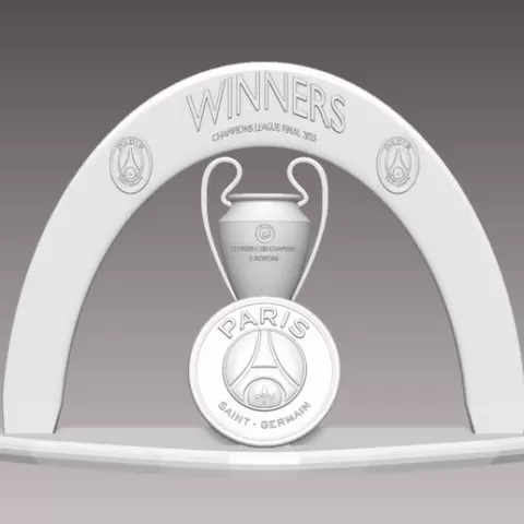 Paris Saint-Germain club logo with the Champions League trophy on the podium Coronation