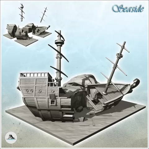 Carcass of wooden galleon on rock with two masts (2) - minia - Hartolia Miniatures