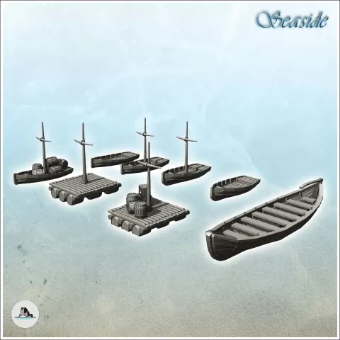 Set of medieval wooden boats with rowing boats and rafts (4) - Hartolia Miniatures