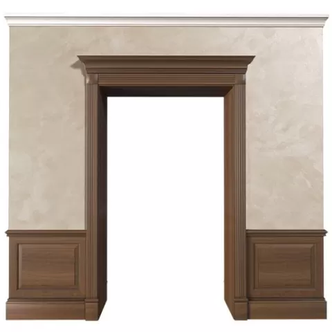 Wood doorway in Light Classic With Ottocento Decorative Painting. Wood Door Portal. Wall Paneling
