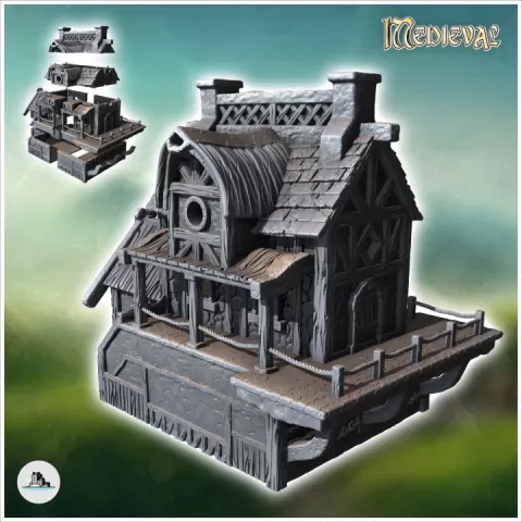 Medieval building with tiled roof and balustraded terrace (39) - Medieval Fantasy Magic Feudal Old Archaic Saga 28mm 15mm by Hartolia Miniatures