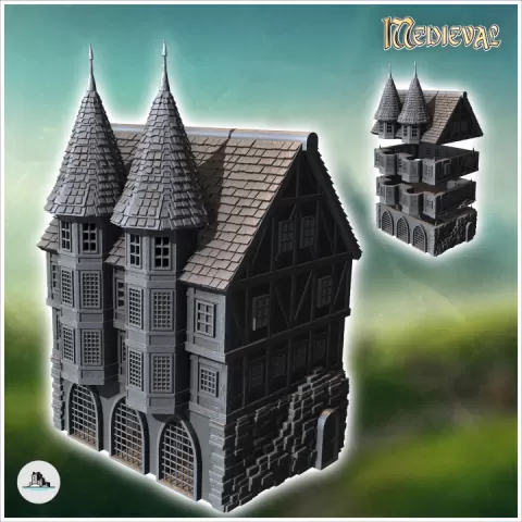 Large medieval building with double conical-roofed towers and stone base (6) - Medieval Gothic Feudal Old Archaic Saga 28mm 15mm RPG by Hartolia Miniatures