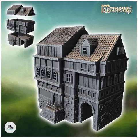 Large medieval building with railed access staircase and stone arch (4) - Medieval Gothic Feudal Old Archaic Saga 28mm 15mm RPG by Hartolia Miniatures