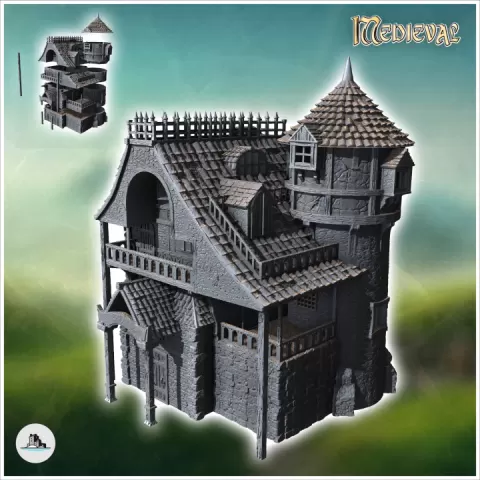 Large medieval house with conical-roofed tower and balustraded terrace (5) - Medieval Gothic Feudal Old Archaic Saga 28mm 15mm RPG by Hartolia Miniatures