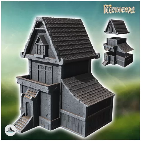 Medieval concave-roofed building with annex and access staircase (8) - Medieval Gothic Feudal Old Archaic Saga 28mm 15mm RPG by Hartolia Miniatures