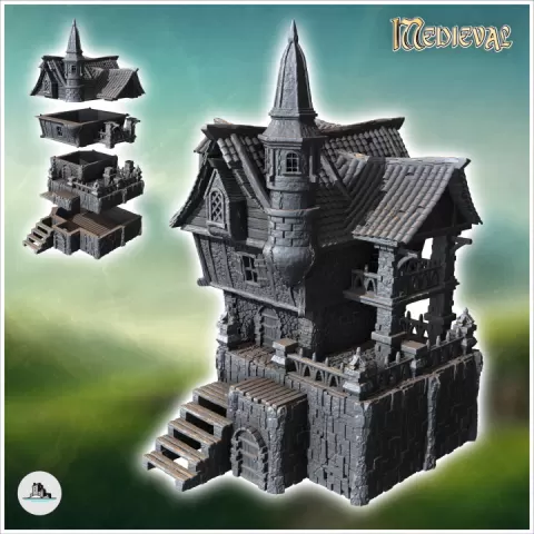 Medieval building with large balcony and wooden staircase (36) - Medieval Gothic Feudal Old Archaic Saga 28mm 15mm RPG by Hartolia Miniatures