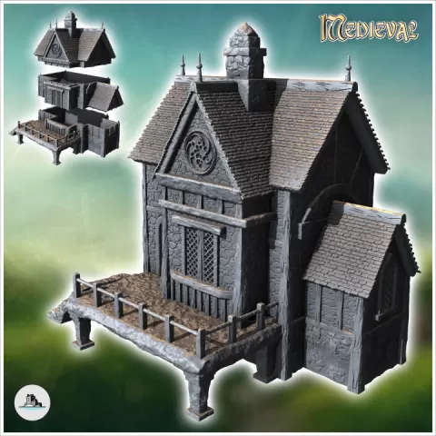Medieval house with raised access platform to door and fireplace (33) - Medieval Gothic Feudal Old Archaic Saga 28mm 15mm RPG by Hartolia Miniatures