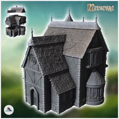Medieval house with rounded bay window and spiked roof (32) - Medieval Gothic Feudal Old Archaic Saga 28mm 15mm RPG by Hartolia Miniatures