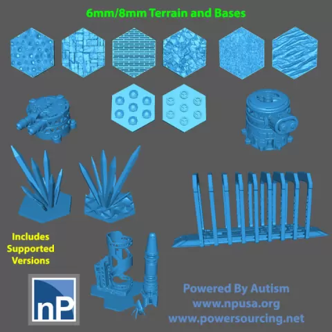 6mm/8mmn scale Bases, Terrain, Gun Bunkers for sci-fi games by nonPareil Institute